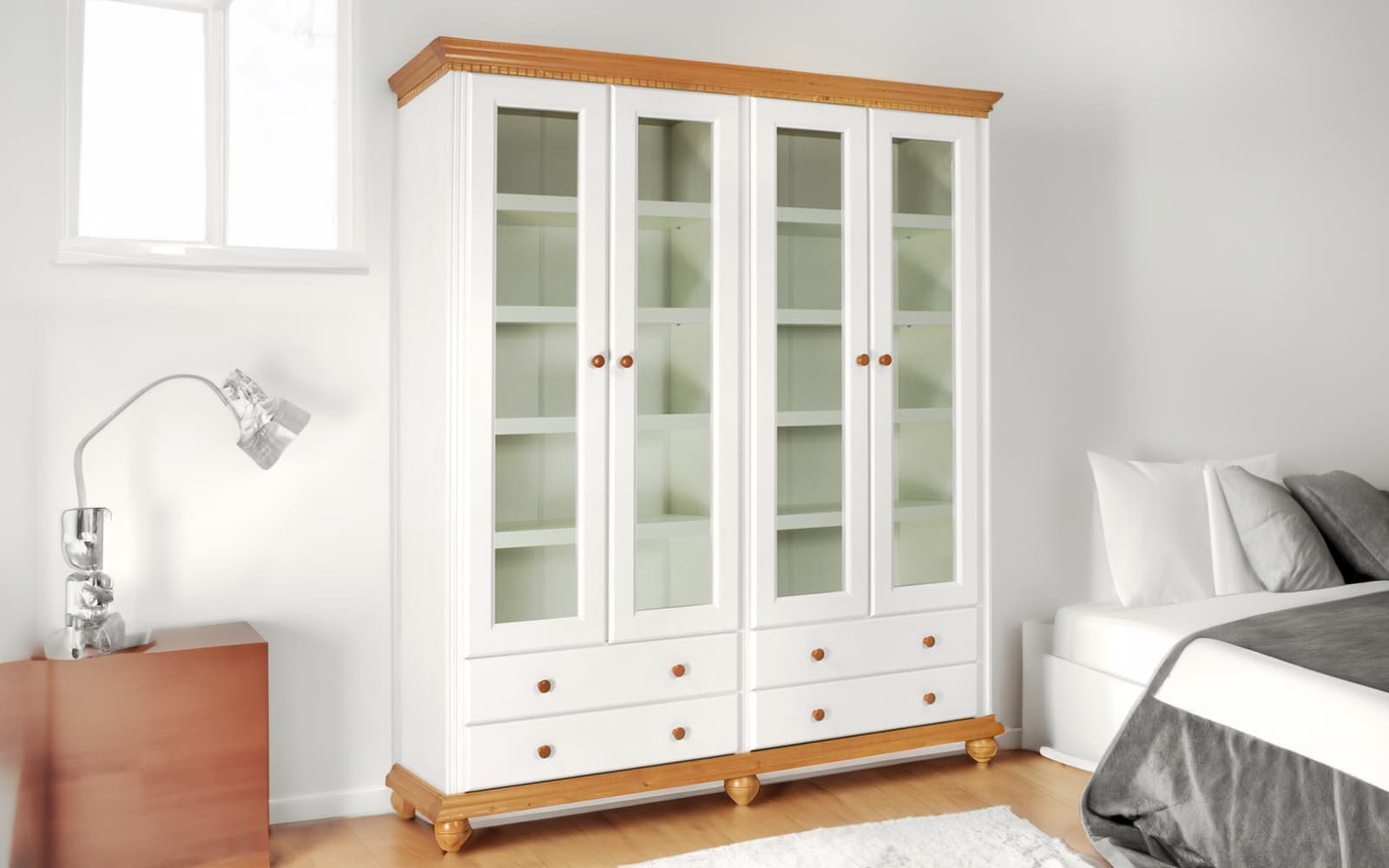 Bibliotecă Dublă Celia, Lemn Masiv, 180x45x203, Alb/Natur