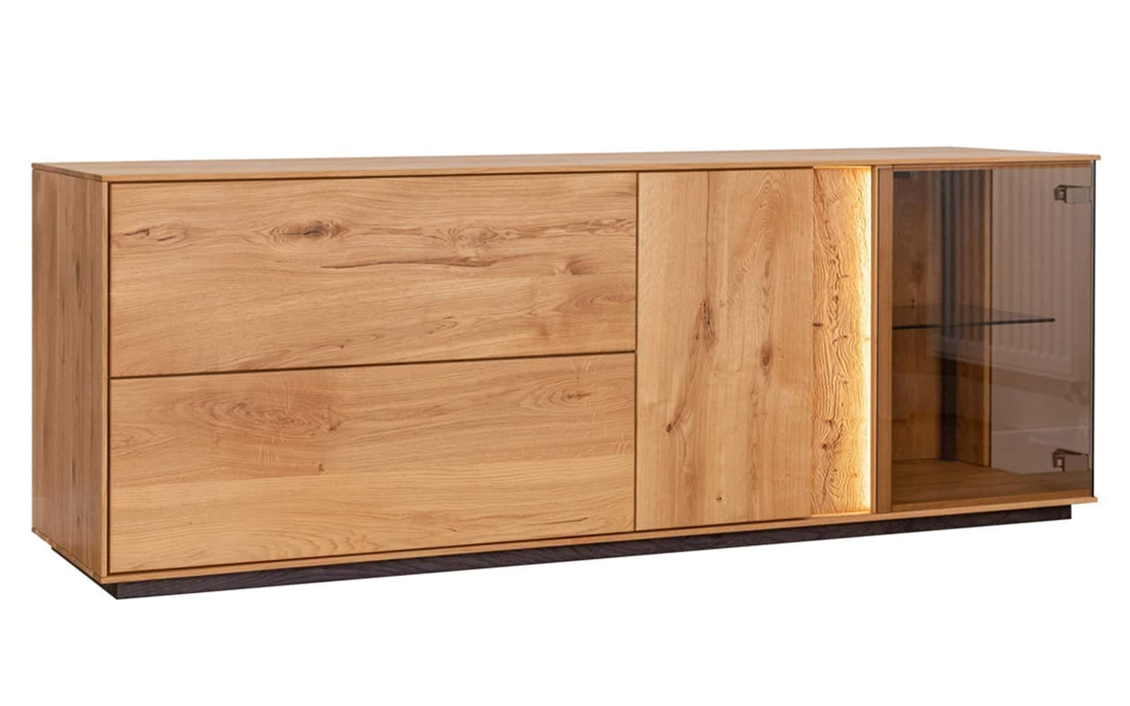 Comodă TV Aurora cu Vitrină, Iluminată, Lemn Masiv Stejar, 165x37x60cm