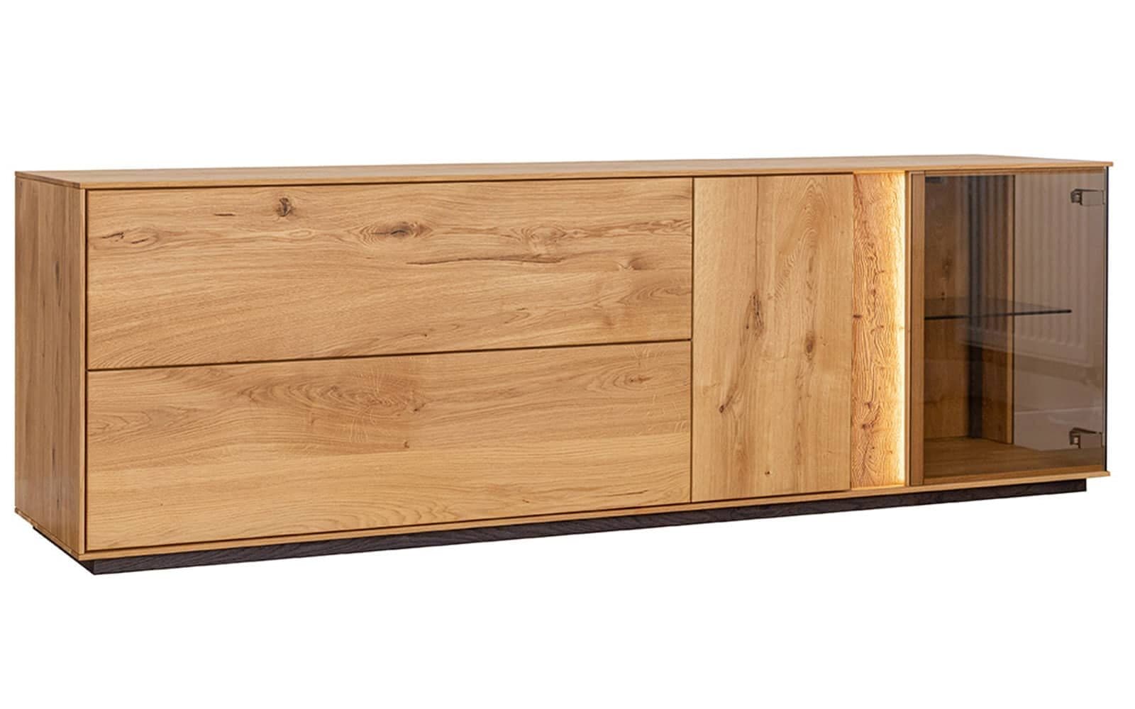 Comodă TV Aurora cu Vitrină, Iluminată, Lemn Masiv Stejar, 185x37x60cm