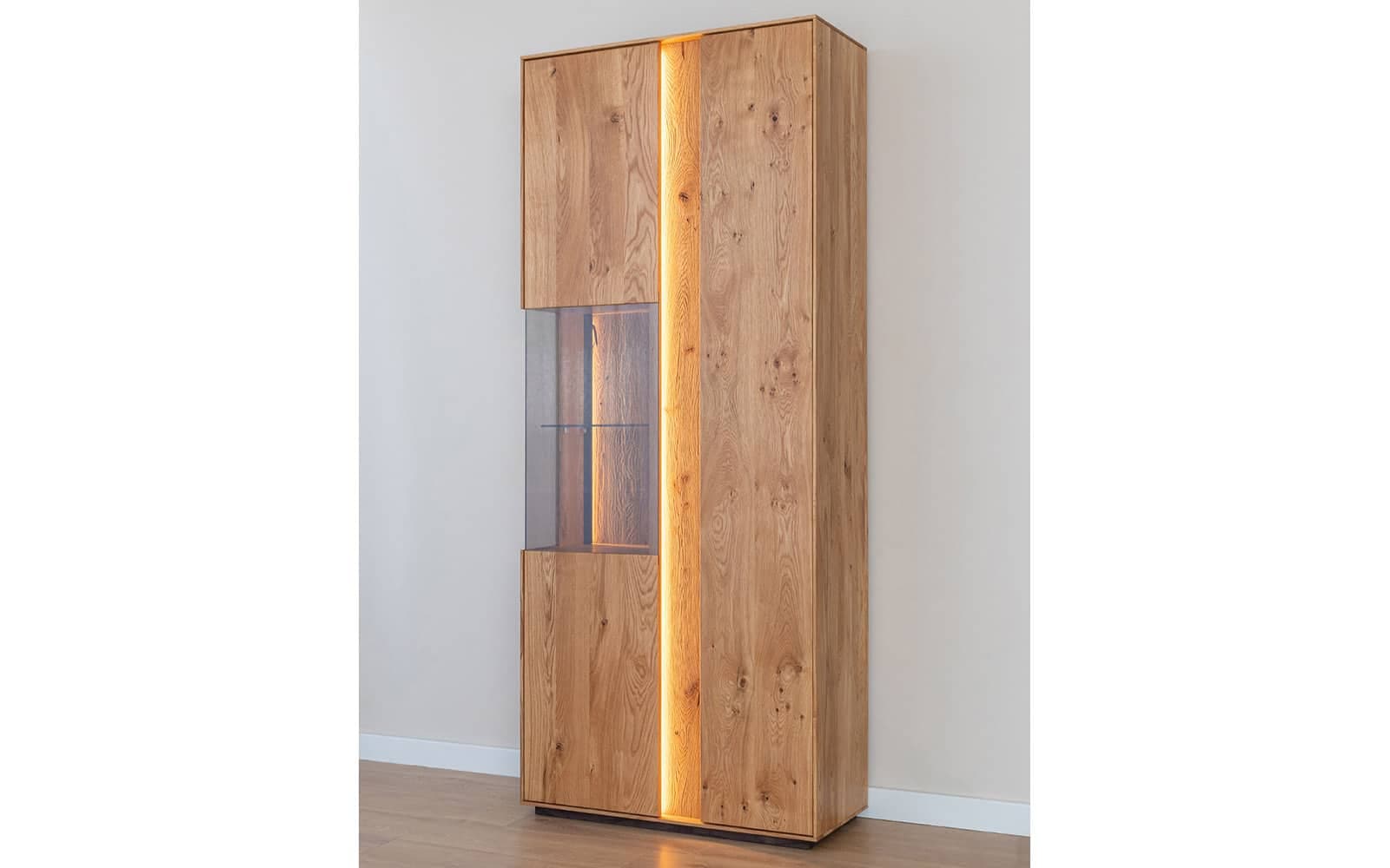 Vitrină Dublă Aurora, Iluminată, Lemn Masiv Stejar, 85x37x205cm