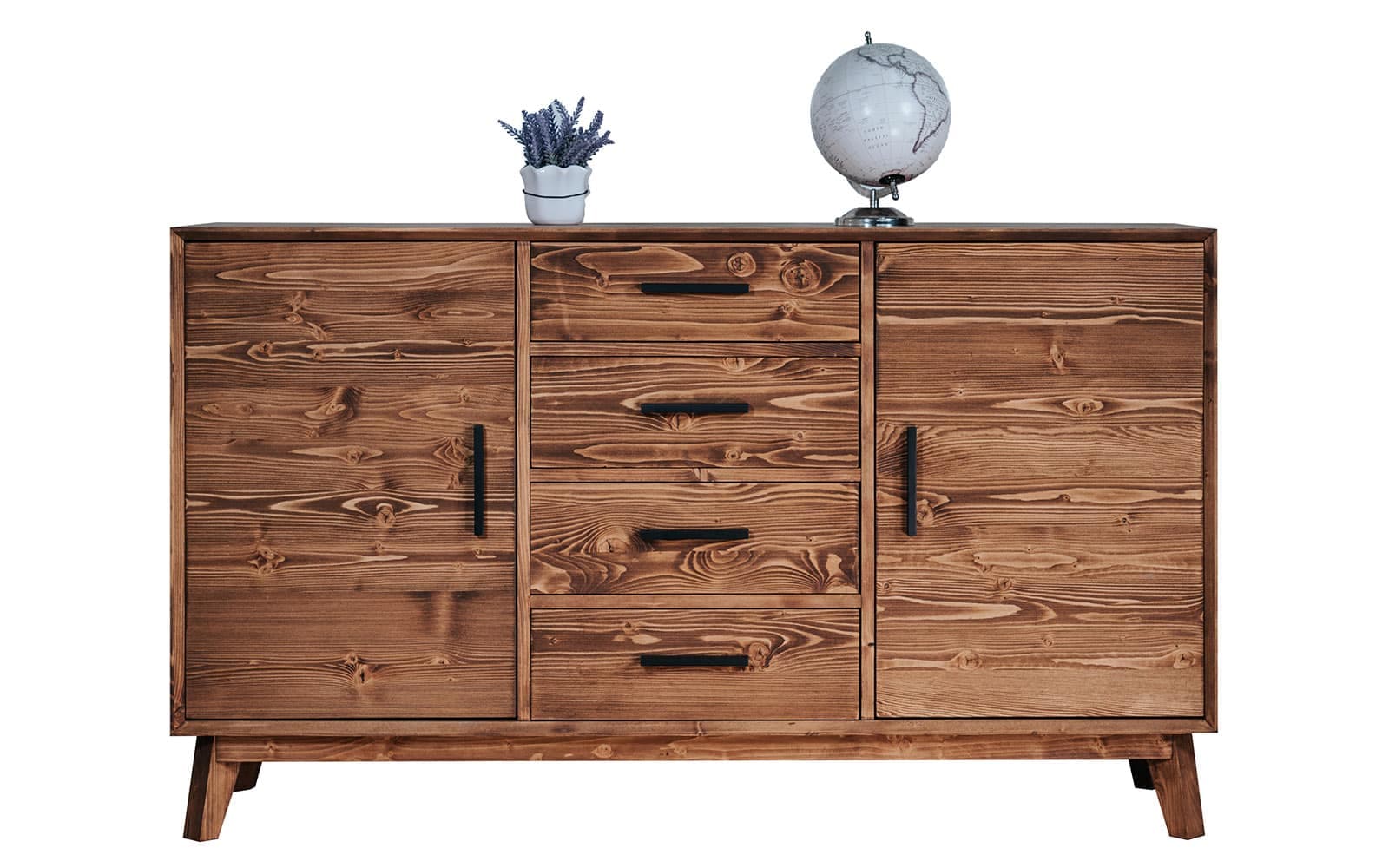 Comoda Timeless, 4 Sertare 2 Uși, Lemn Masiv, 146x45x85 cm,Whisky