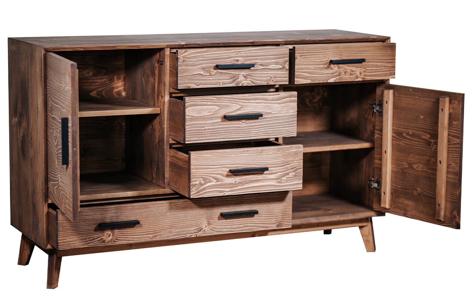 Comoda Timeless, 5 Sertare 2 Uși, Lemn Masiv, 146x45x85 cm, Whisky