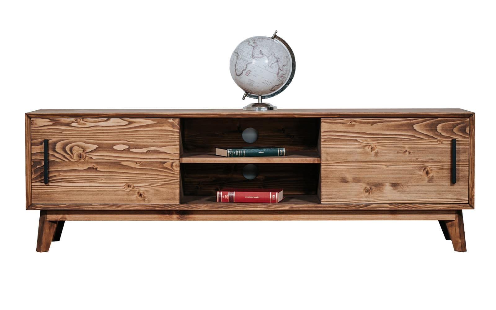 Comoda TV Timeless, 2 Uși culisante  2 Nișe, Lemn Masiv, 146x40x48 cm, Whisky