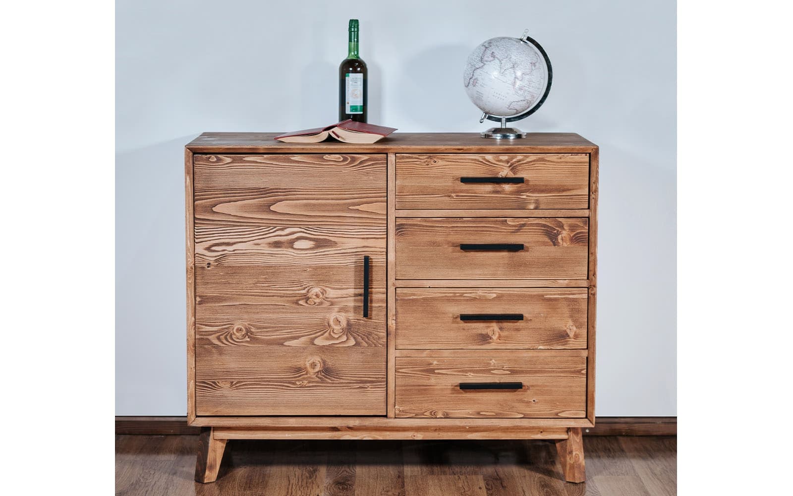 Comodă Timeless, 4 Sertare 1 Ușă, Lemn Masiv, 98x45x85 cm, Whisky