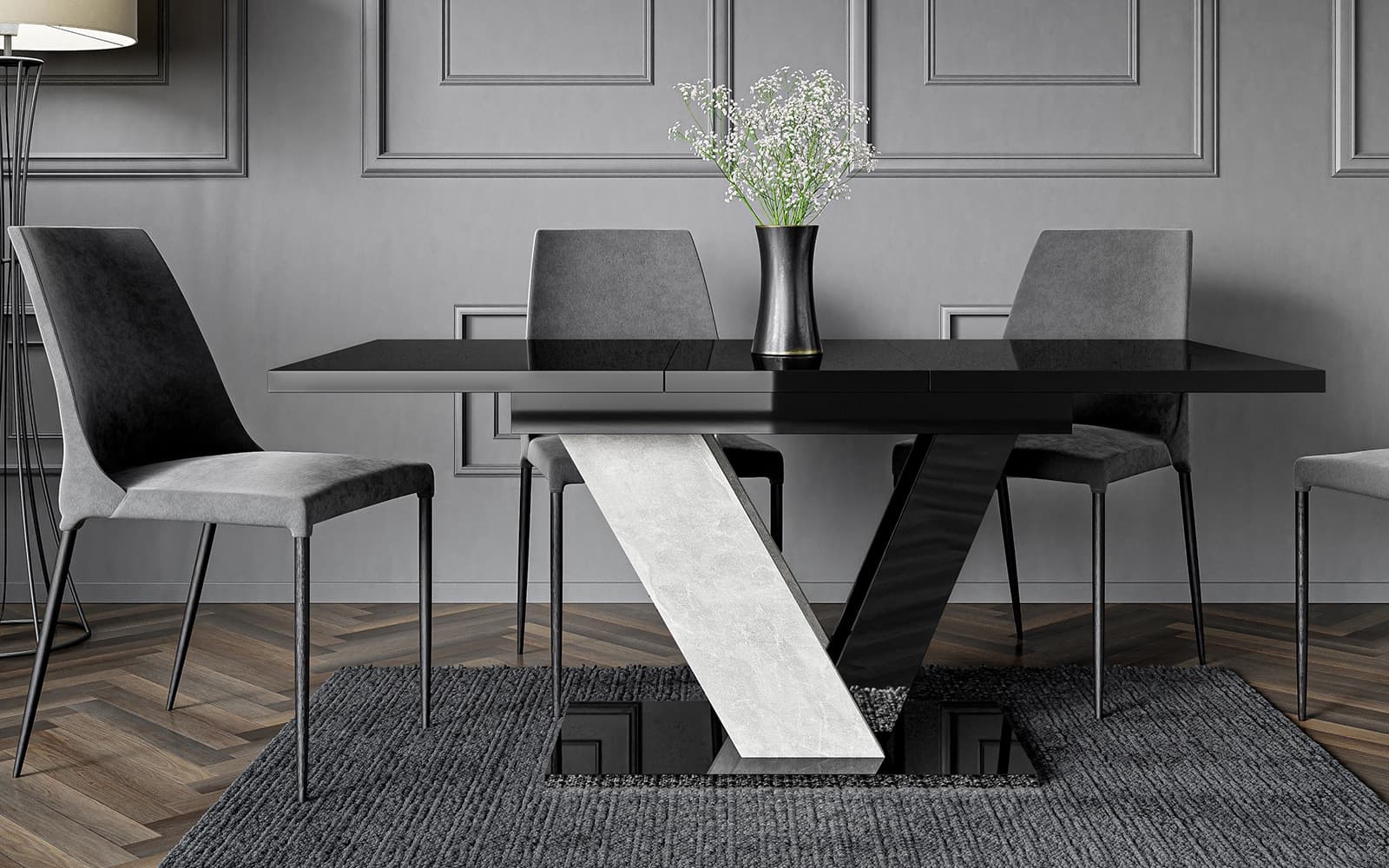 masă dining extensibilă harmonique, 120/160x80 cm, alb/negru