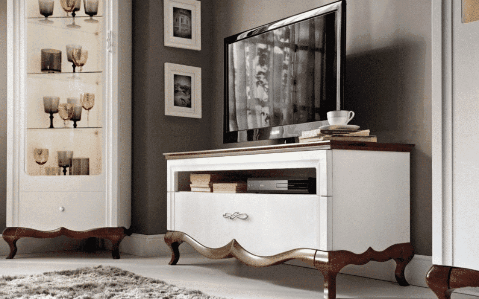 Comodă TV Milan, Lemn Masiv, Alb-Nuc, 114 x 46,5 x 55,7 cm