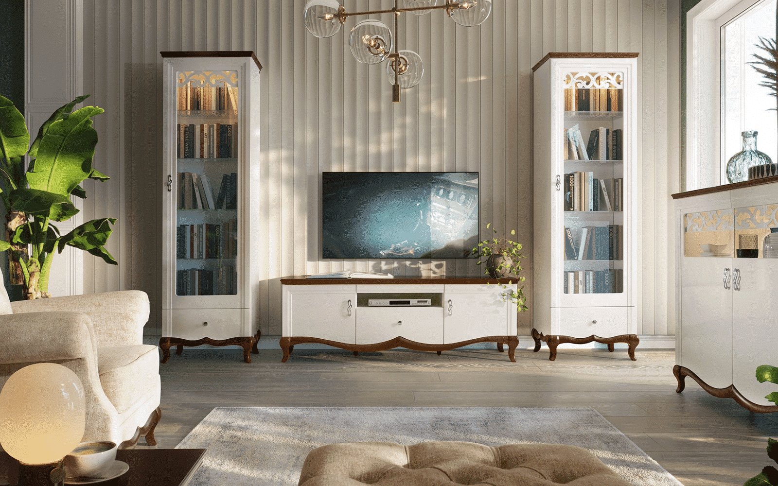 Comodă TV Milan II, Lemn Masiv, Alb-Nuc, 164,2 x 46,5 x 55,7 cm