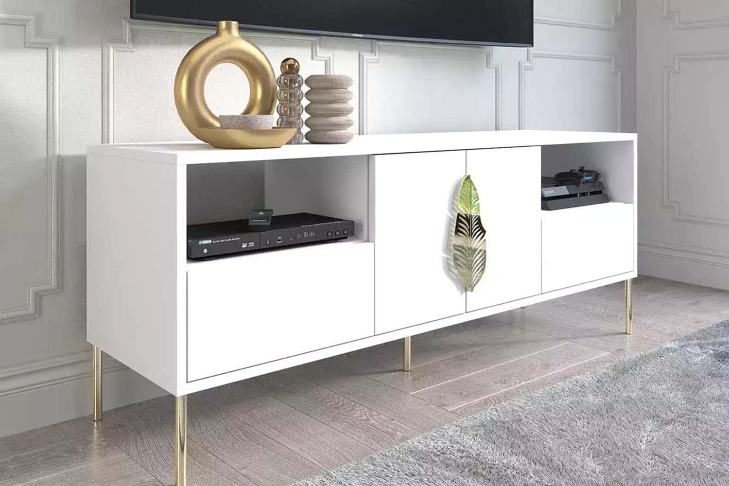 Comodă TV Merlin, Personalizabilă, Accesorii placate cu Aur, 136 x 40 x 60 cm