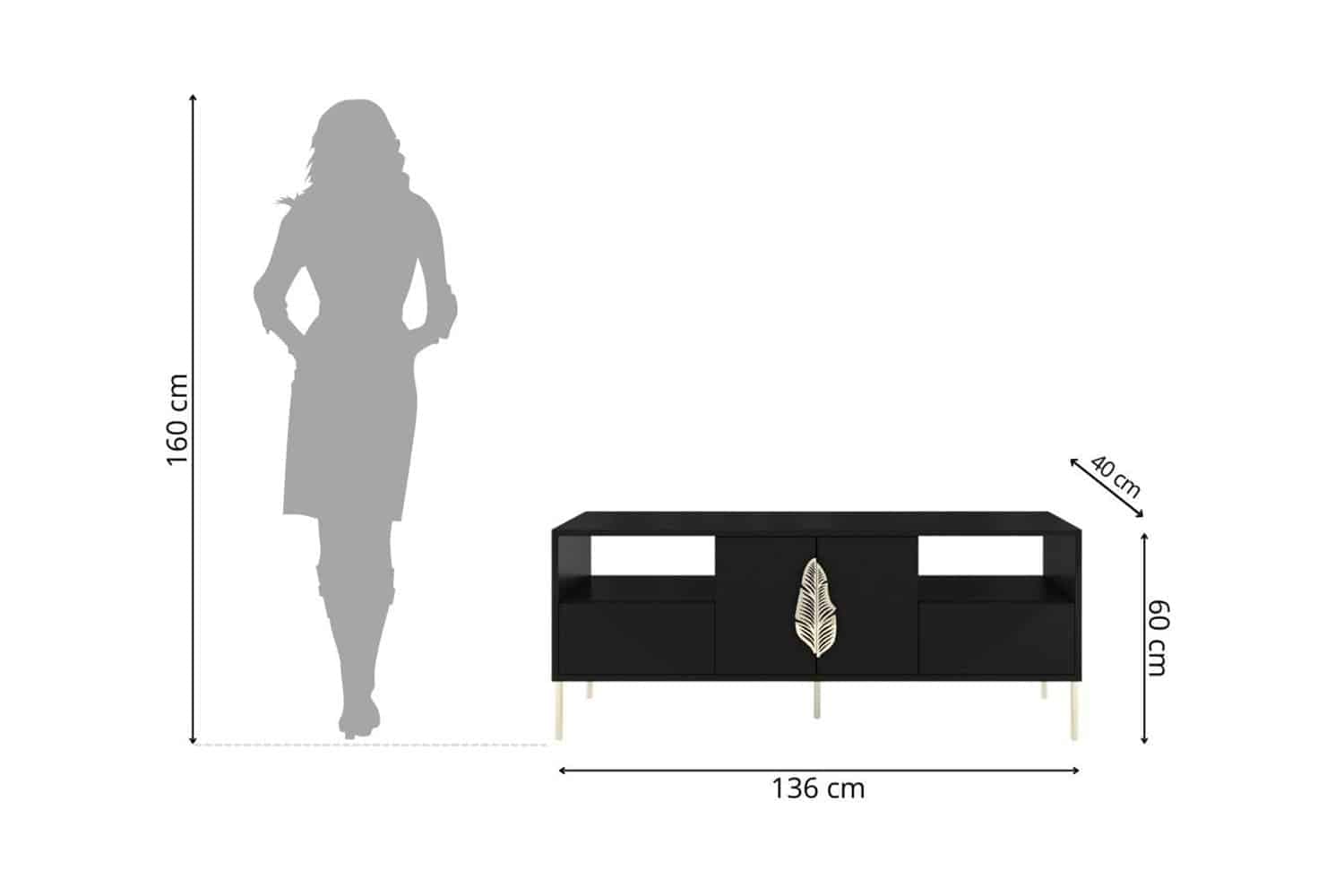 Comodă TV Merlin, Personalizabilă, Accesorii placate cu Aur, 136 x 40 x 60 cm