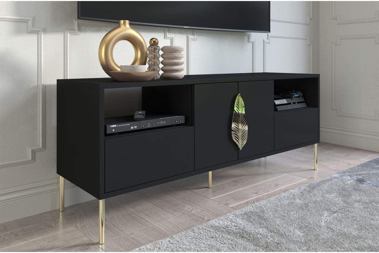 Comodă TV Merlin, Personalizabilă, Accesorii placate cu Aur, 136 x 40 x 60 cm
