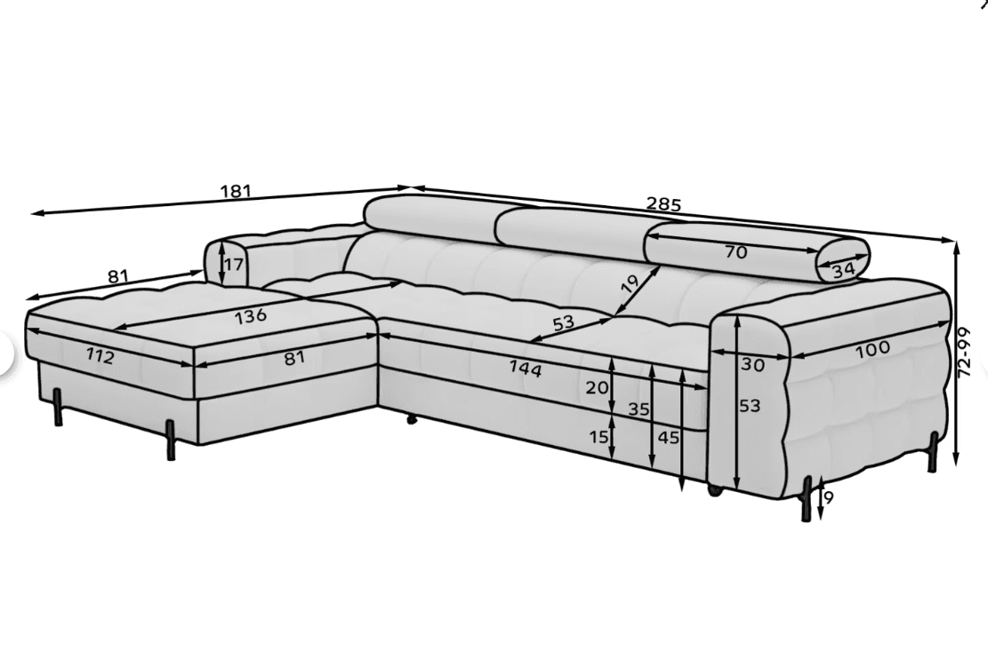 Colțar Ferry, Extensibil, 285×181×93cm din lemn masiv