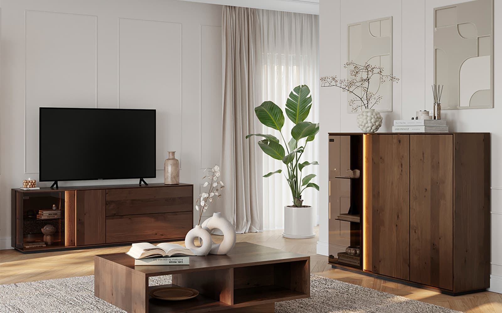 Comodă TV Aurora cu Vitrină, Iluminată, Lemn Masiv Stejar Fumuriu, 165x43.5x60cm