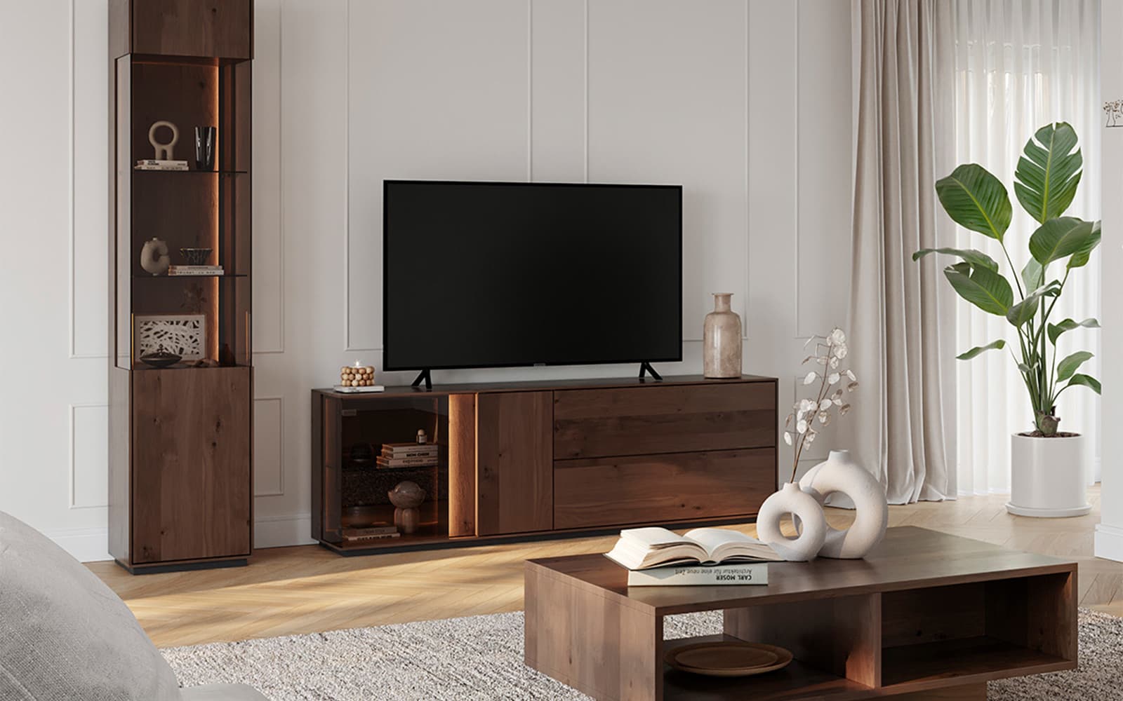 Comodă TV Aurora cu Vitrină, Iluminată, Lemn Masiv Stejar Fumuriu, 185x43.5x60cm