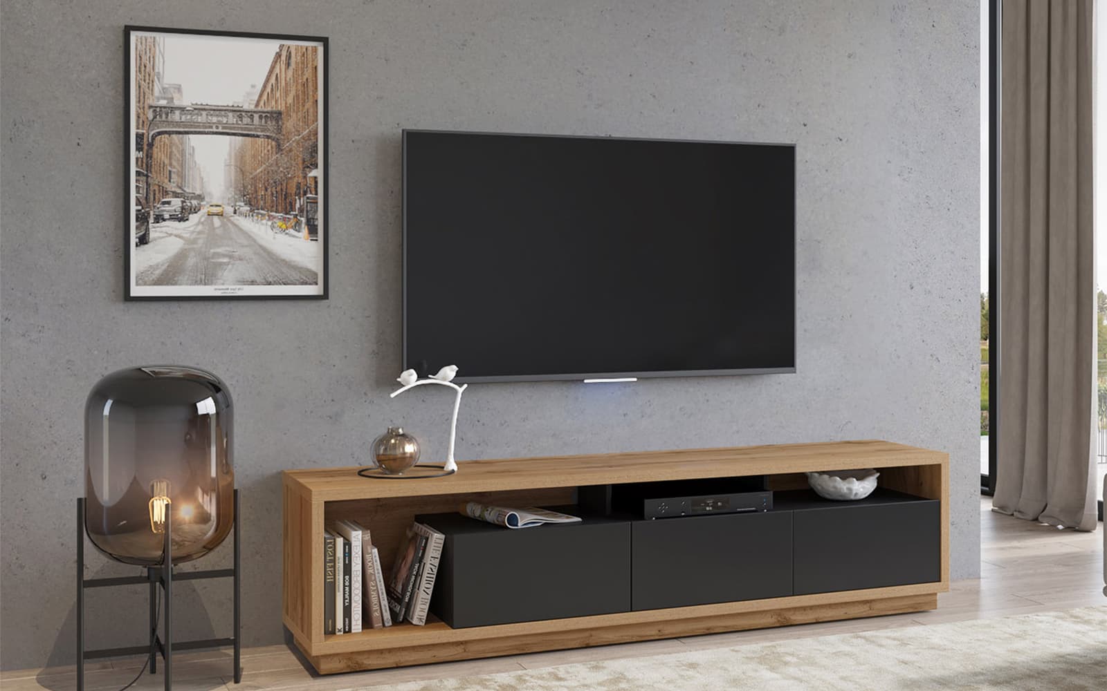 Comodă Livento TV, 200×50×45 cm din lemn masiv