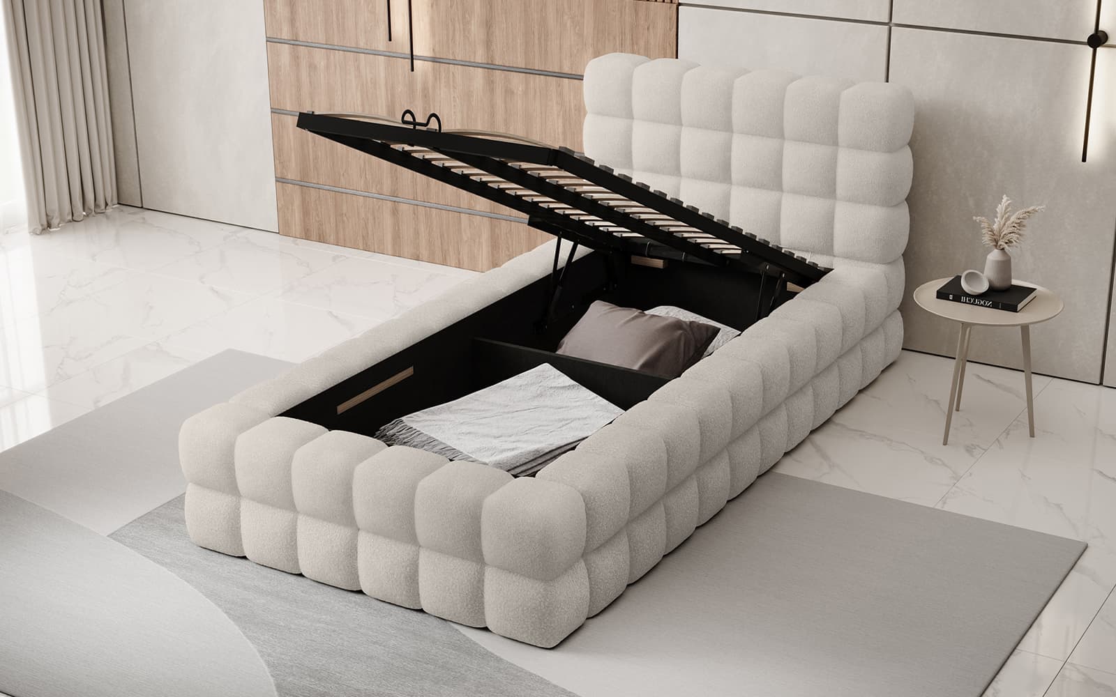 Pat Tapitat Tetrix, Personalizabil, 90x200 cm din lemn masiv