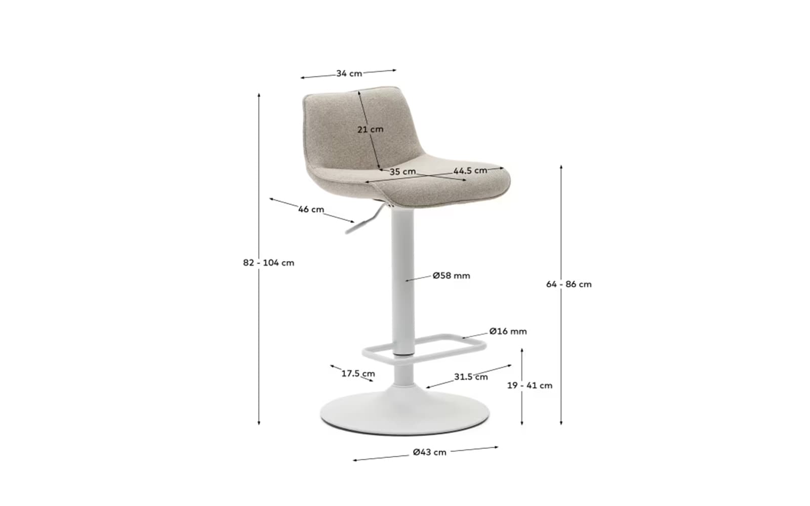 Scaun de bar Zenda, 44,5×46×82–104 cm