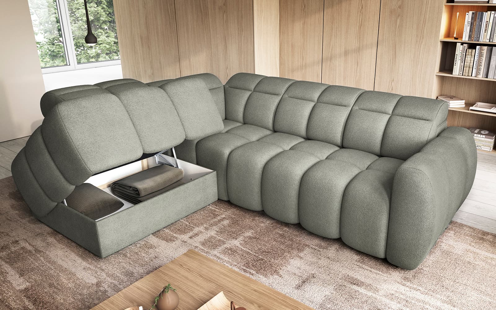 Colțar Falconn, extensibil, 258×208×107 cm, Personalizabil din lemn masiv