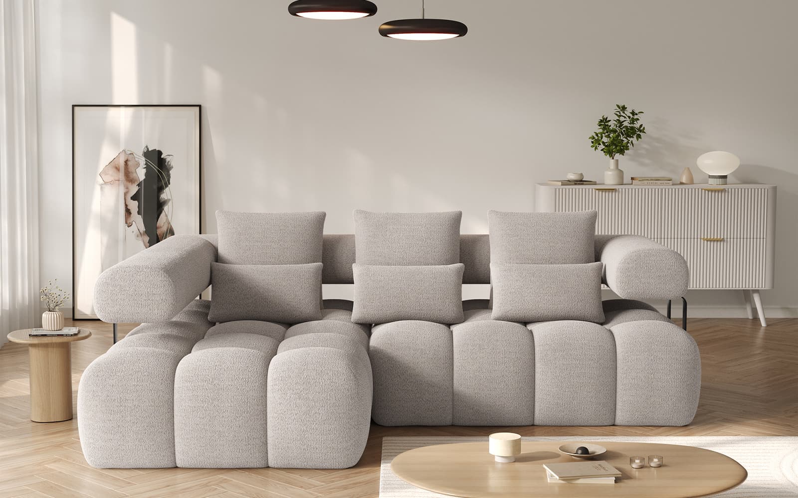 Colțar extensibil modern Levvi, 260×184×102 cm, Personalizabil