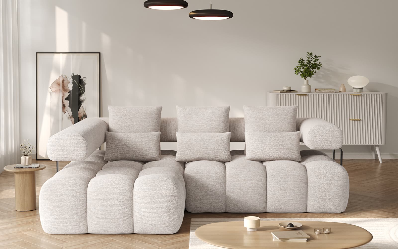 Colțar extensibil modern Levvi, 260×184×102 cm, Personalizabil