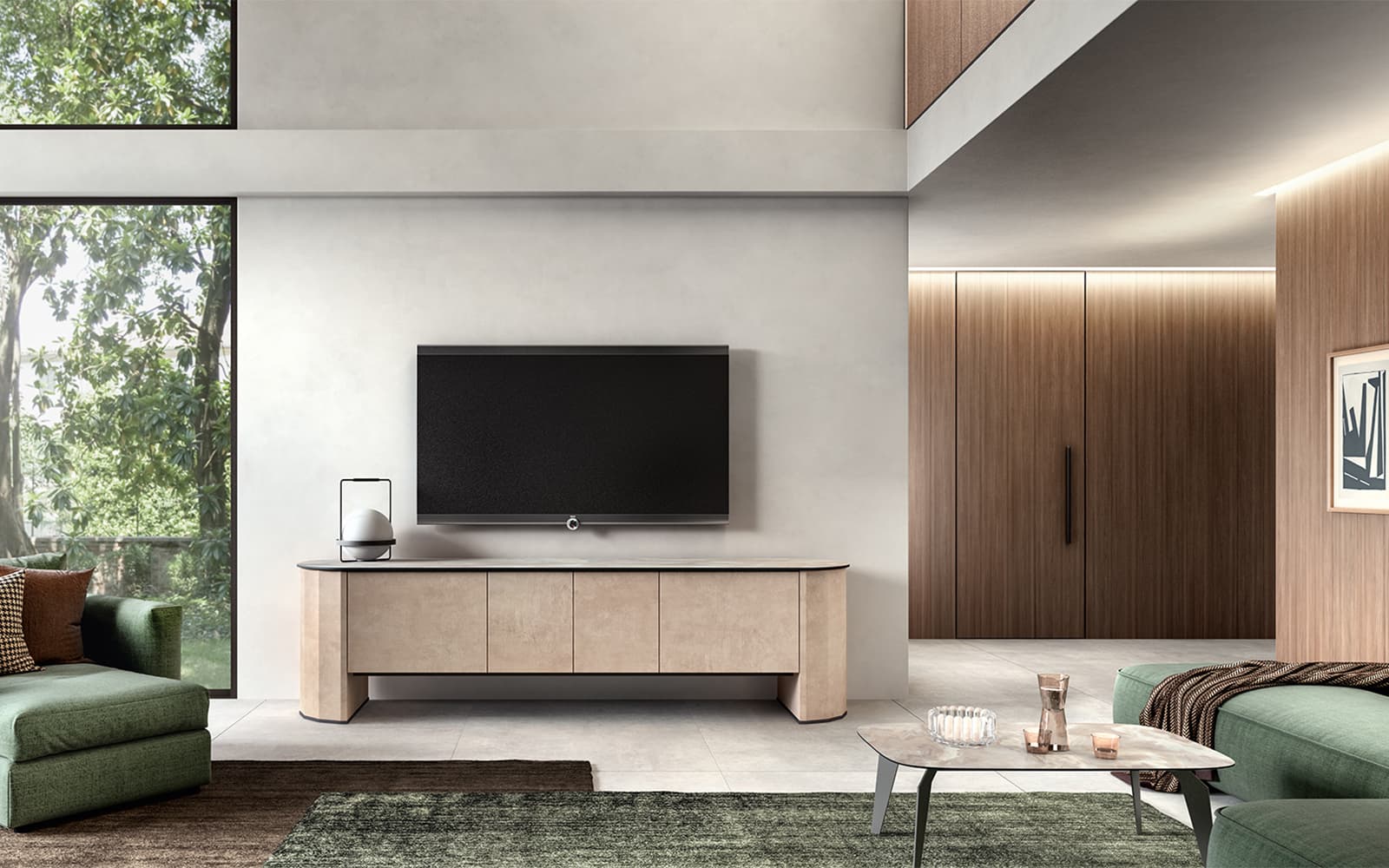 Comodă TV Sable, 4 uși, 215 x 50 x 58 cm din lemn masiv
