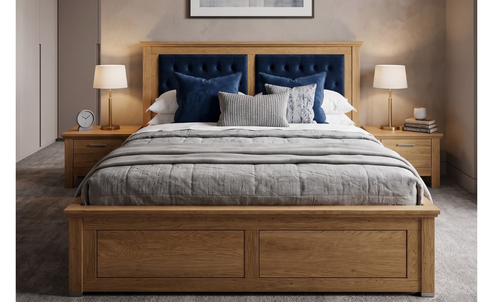 Wooden bed with a blue tufted headboard, gray bedding, and matching nightstands with lamps in a cozy bedroom setting