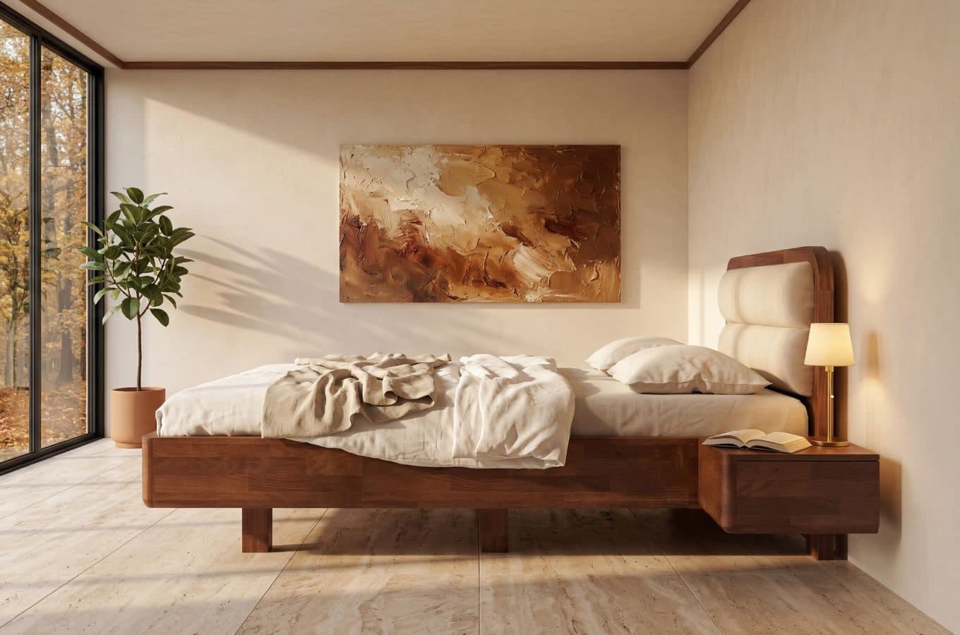Pat Levitant Eyko, Lemn Masiv Fag, Culoare Nuc, Tăblie Bej, cu sau fără Noptiere