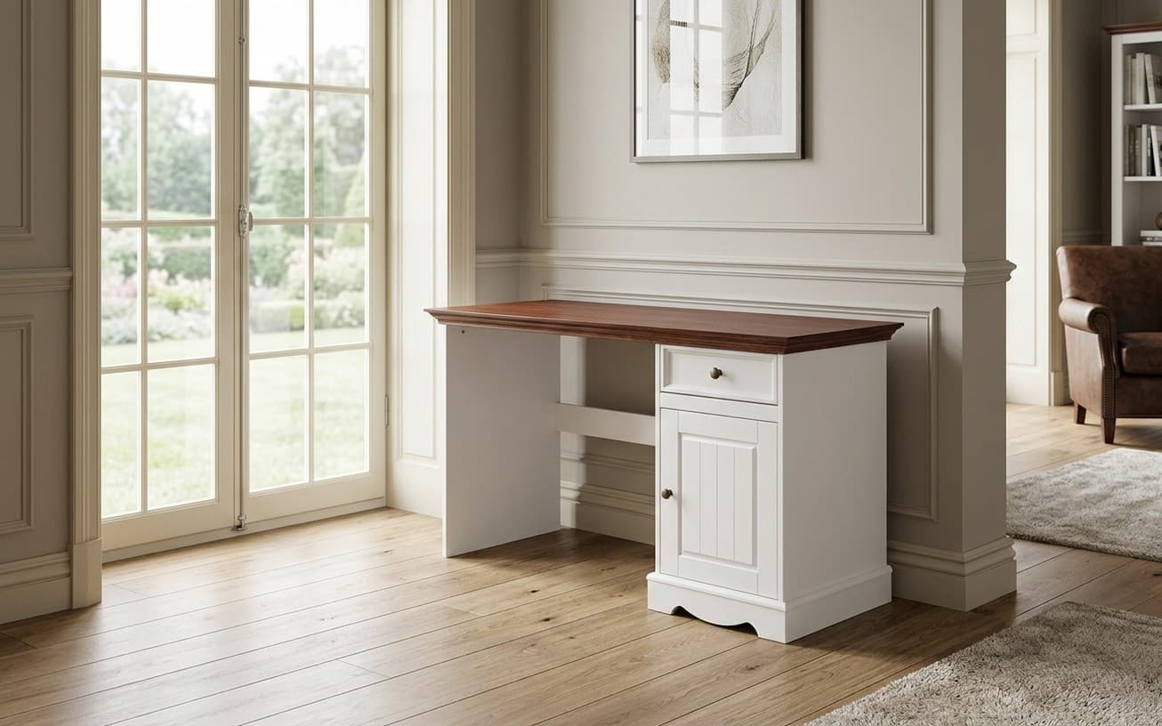 Birou Linea, Lemn Masiv, 130x53x77cm, Alb-Nuc