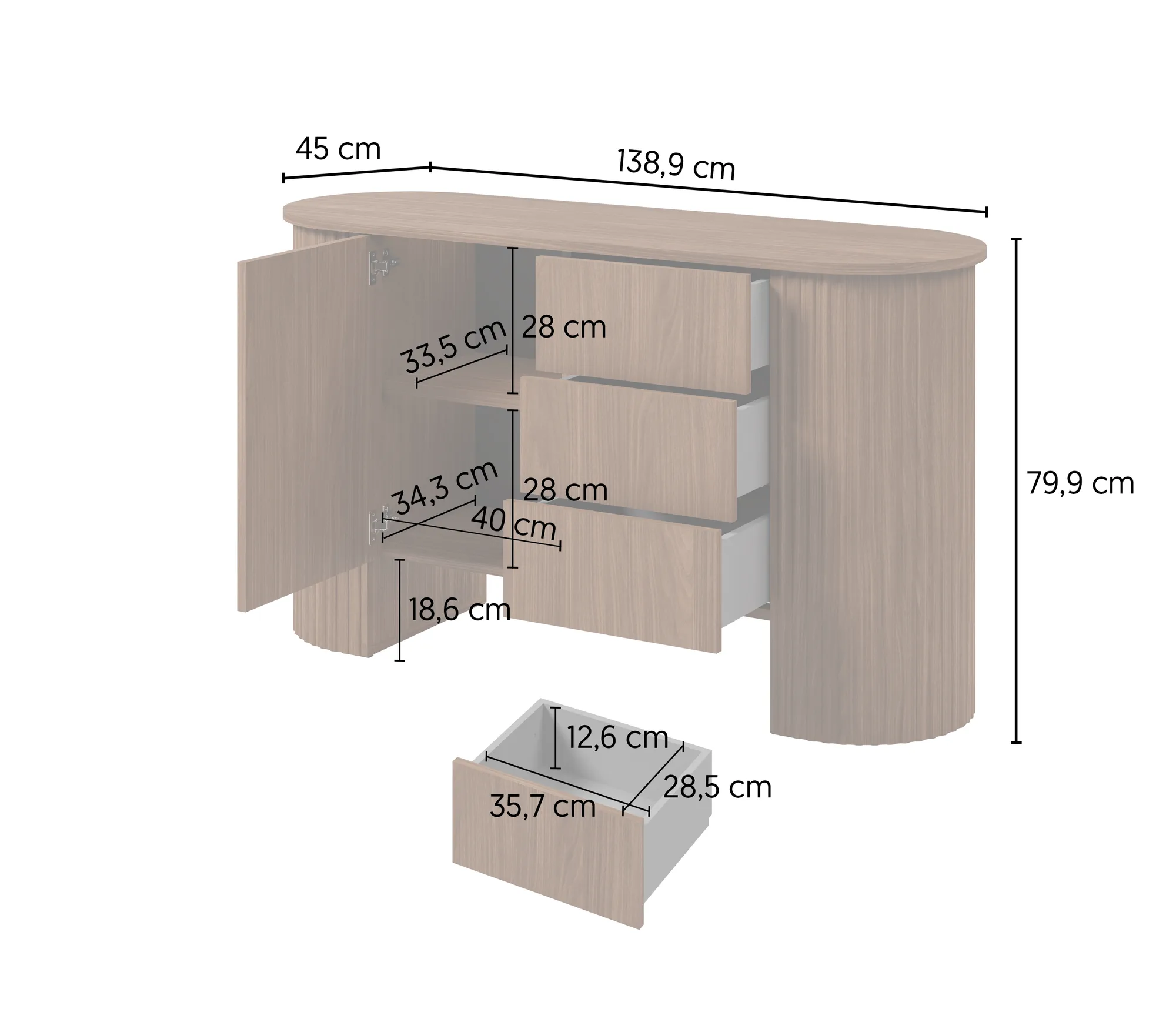 Comodă Cavo cu 1 ușă și 3 sertare, 139x45x80 cm — nuc Lincoln