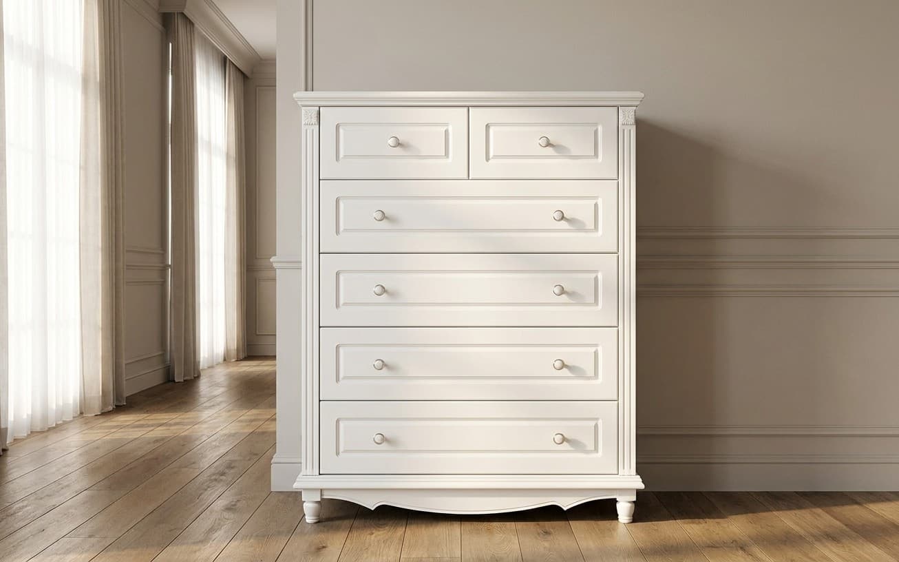 Comoda Elizabeth, 6 sertare, 100x47x119cm, Alb