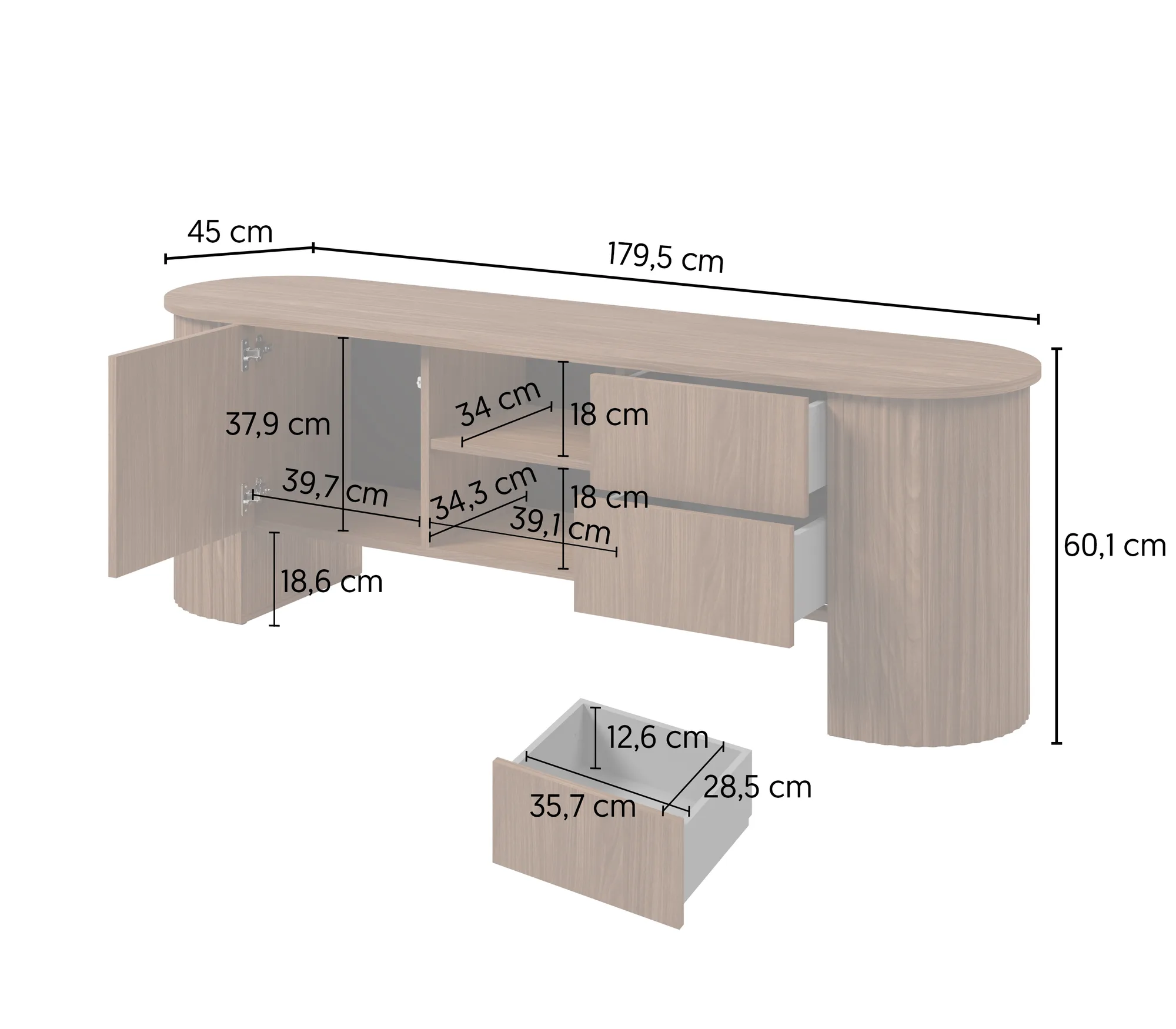 Comodă TV Cavo cu 1 ușă și 2 sertare, 180x45x60 cm — nuc Lincoln