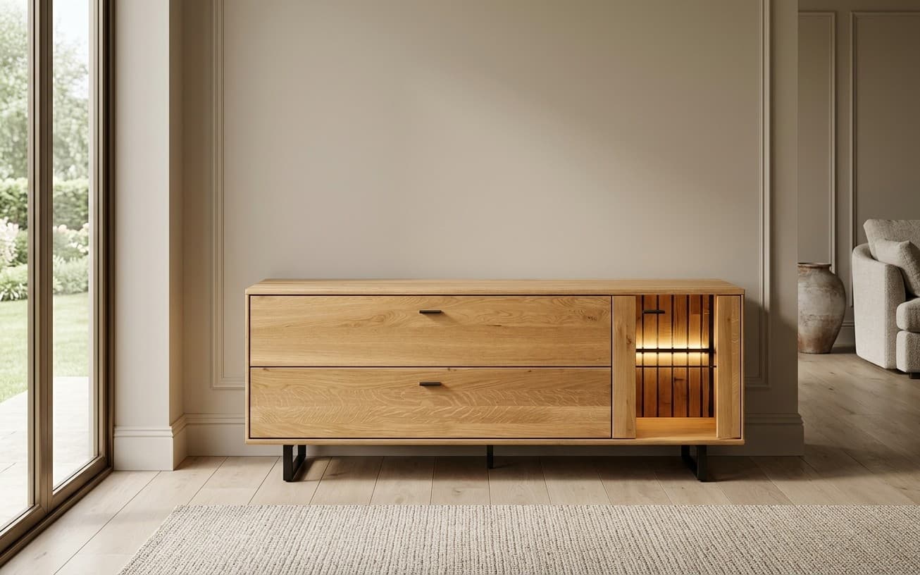 Comoda TV Urban, Stejar masiv, 164x49x62,5cm