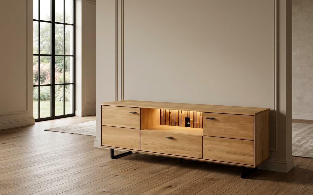 Comoda TV Urban, Stejar masiv, 179x49x62,5cm
