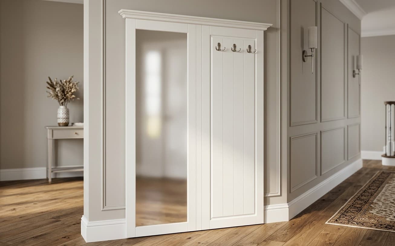 Cuier cu Oglindă Linea, Lemn Masiv, 108x134cm, Alb