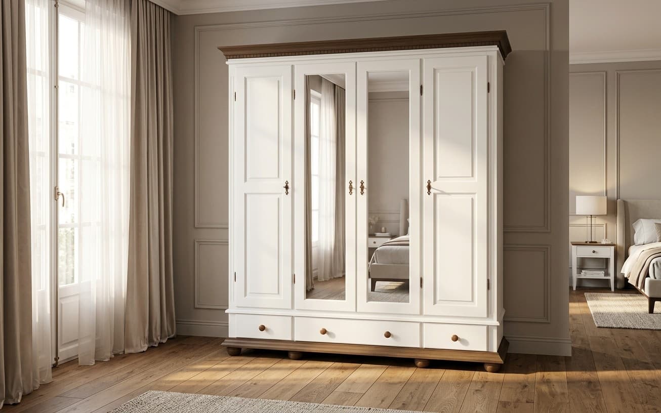 Dulap Celia, Lemn masiv, 197x58x203cm, Alb/Nuc