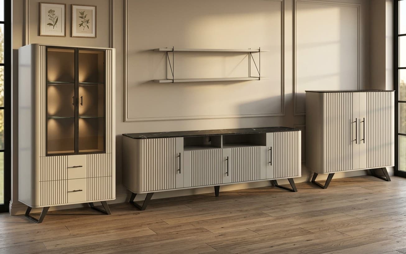 Set Living Santiago, Lemn Masiv, Crem