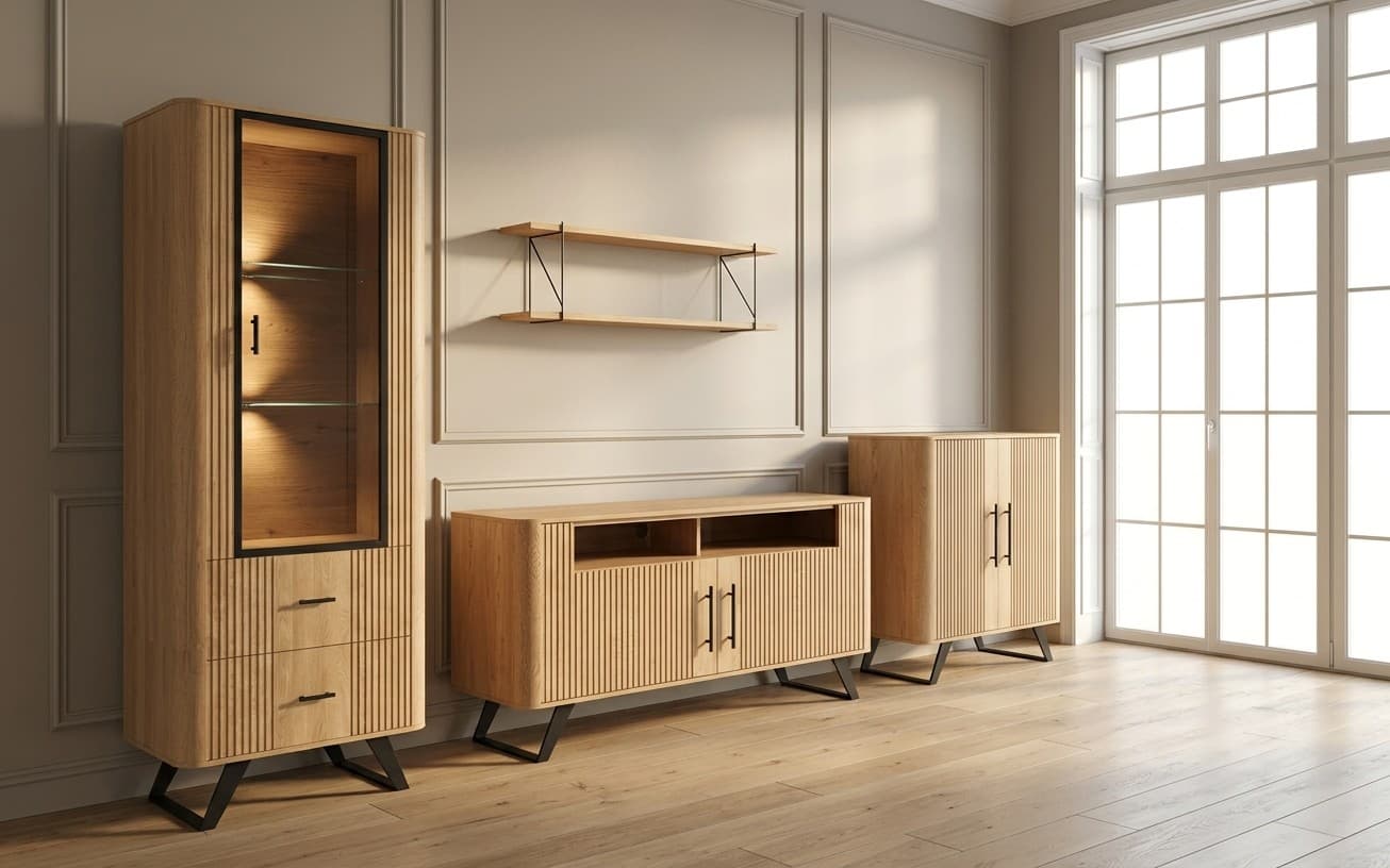 Set Living Santiago, Lemn Masiv, Natur-Negru
