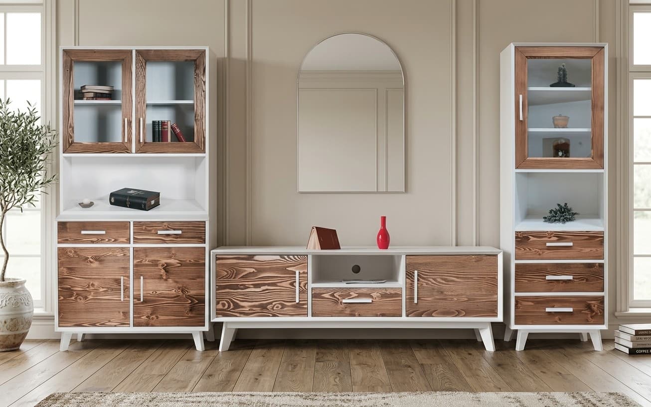 Set Living Timeless I, Lemn Masiv, Natur-Alb