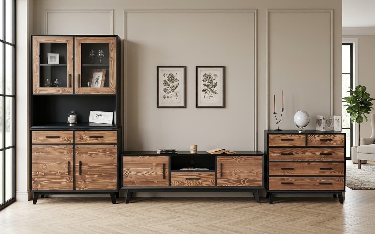 Set Living Timeless II, Lemn Masiv, Natur-Negru