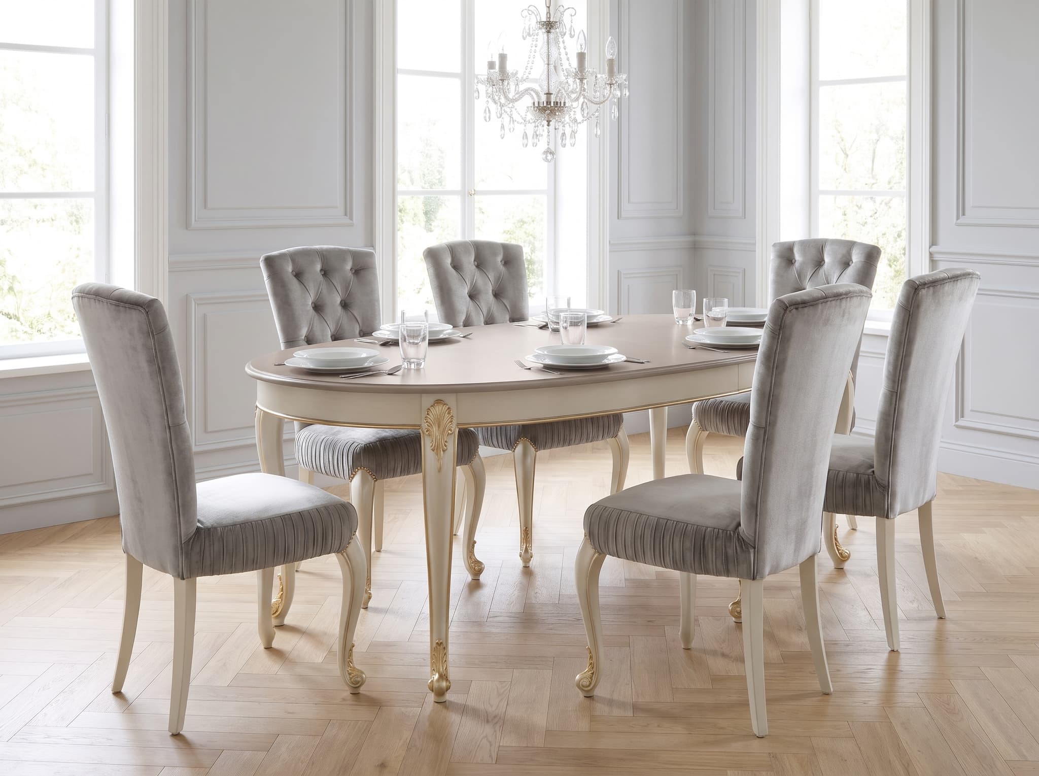 Set Dining Celisea, Masă și Scaune Tapițate, Lemn Masiv