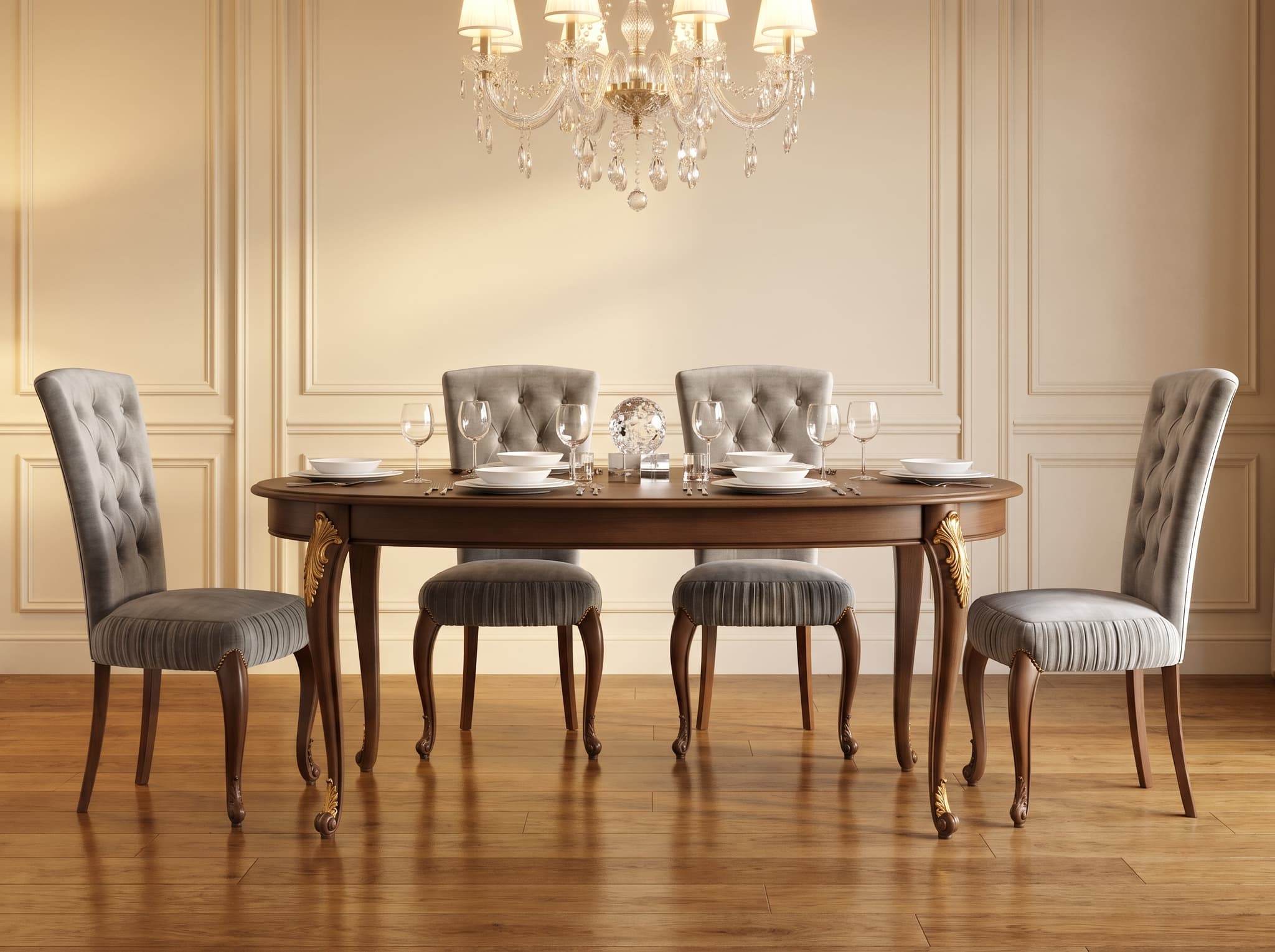 Set Dining Celisea Truffle — masă ovală și scaune tapițate