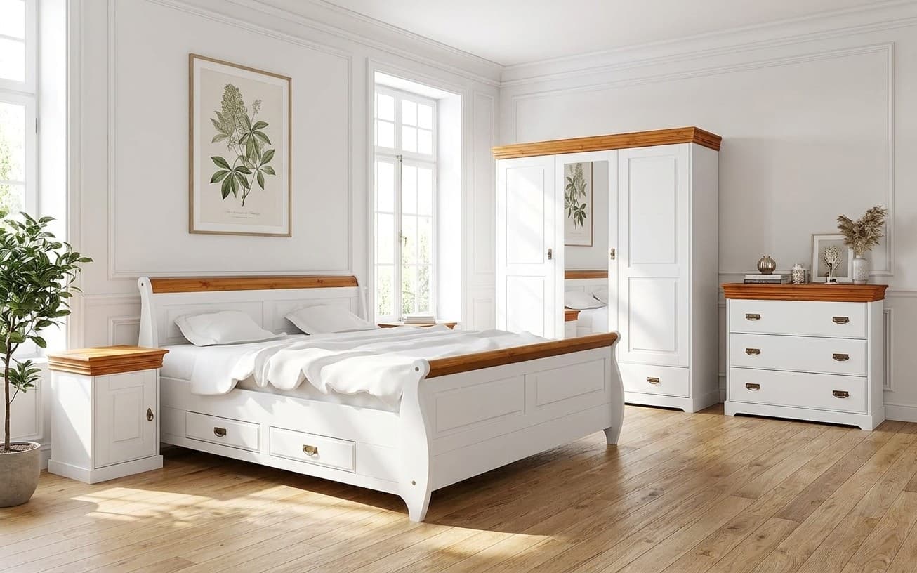 Set Dormitor Florence, Lemn Masiv, Alb-Natur