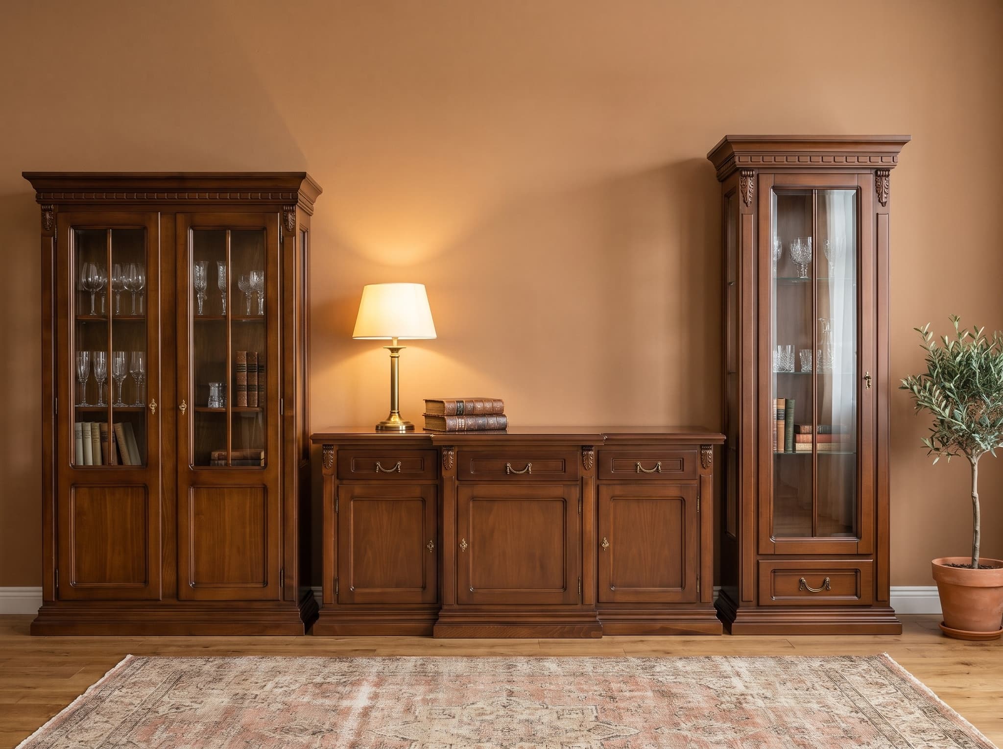 Setul Living Bernhard II din lemn masiv, în lumină caldă de seară, cu covor clasic