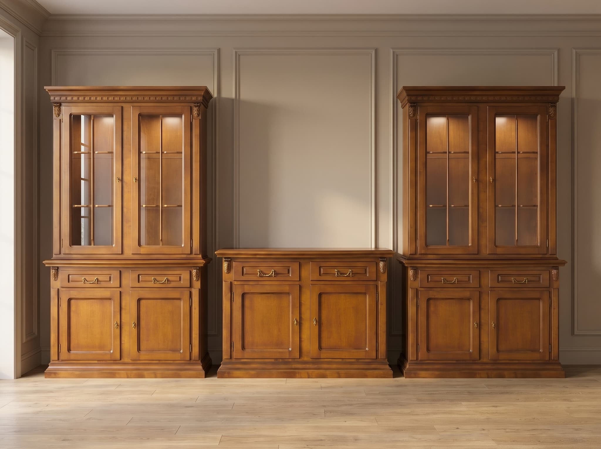 Set Living Bernhard III — două vitrine înalte și bufet, lemn masiv