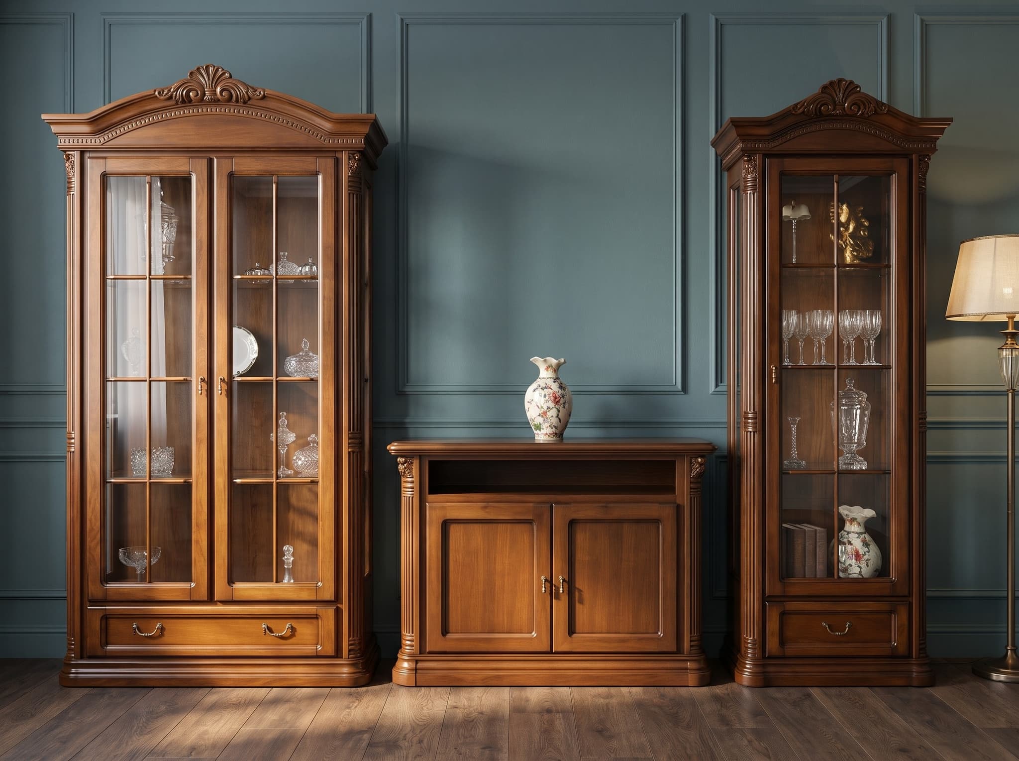 Set Living Briston II din lemn masiv nuc: două vitrine sculptate și comodă, pe un perete albastru-petrol