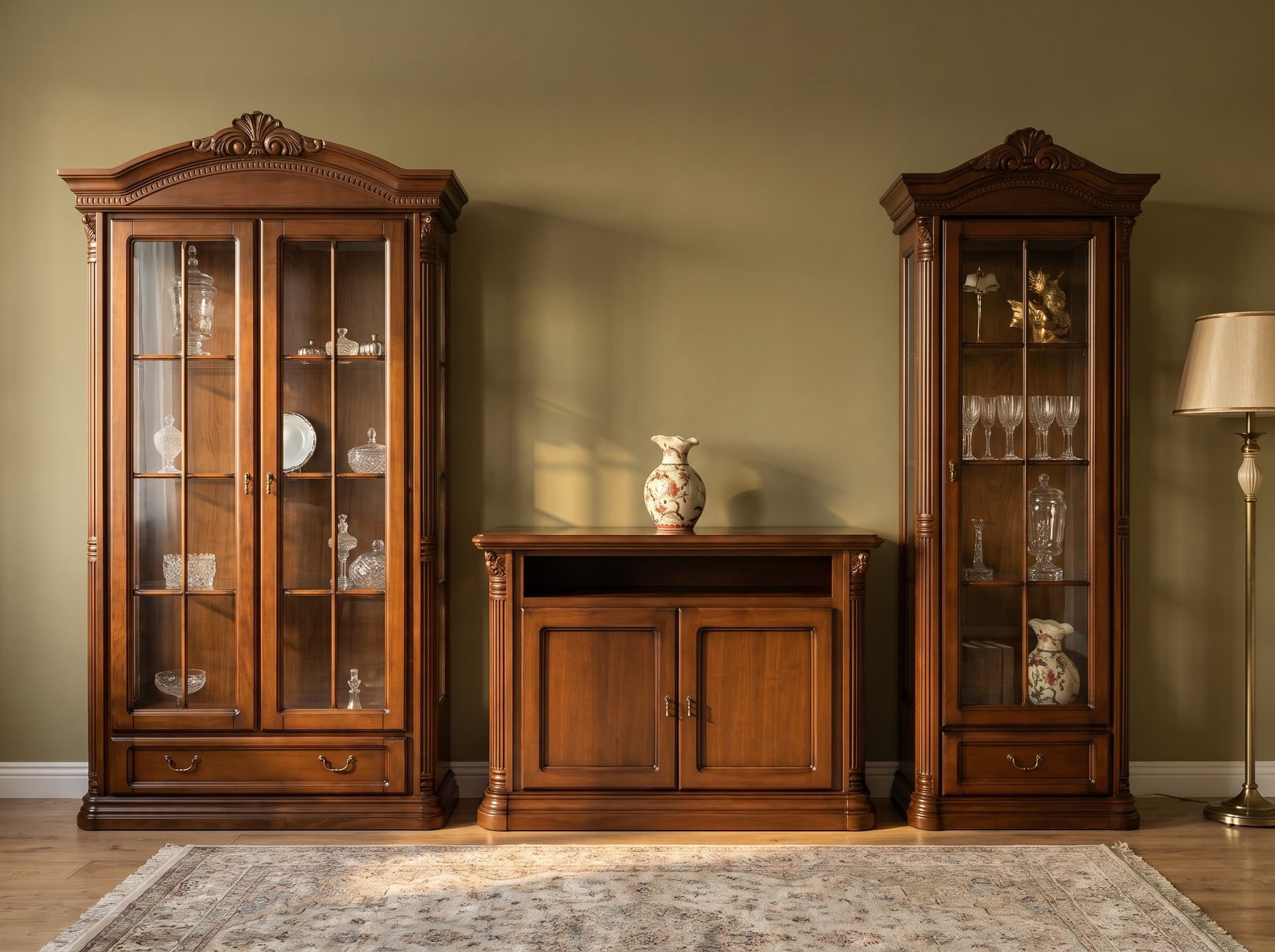 Setul Living Briston II din lemn masiv, cu covor oriental, în lumină caldă