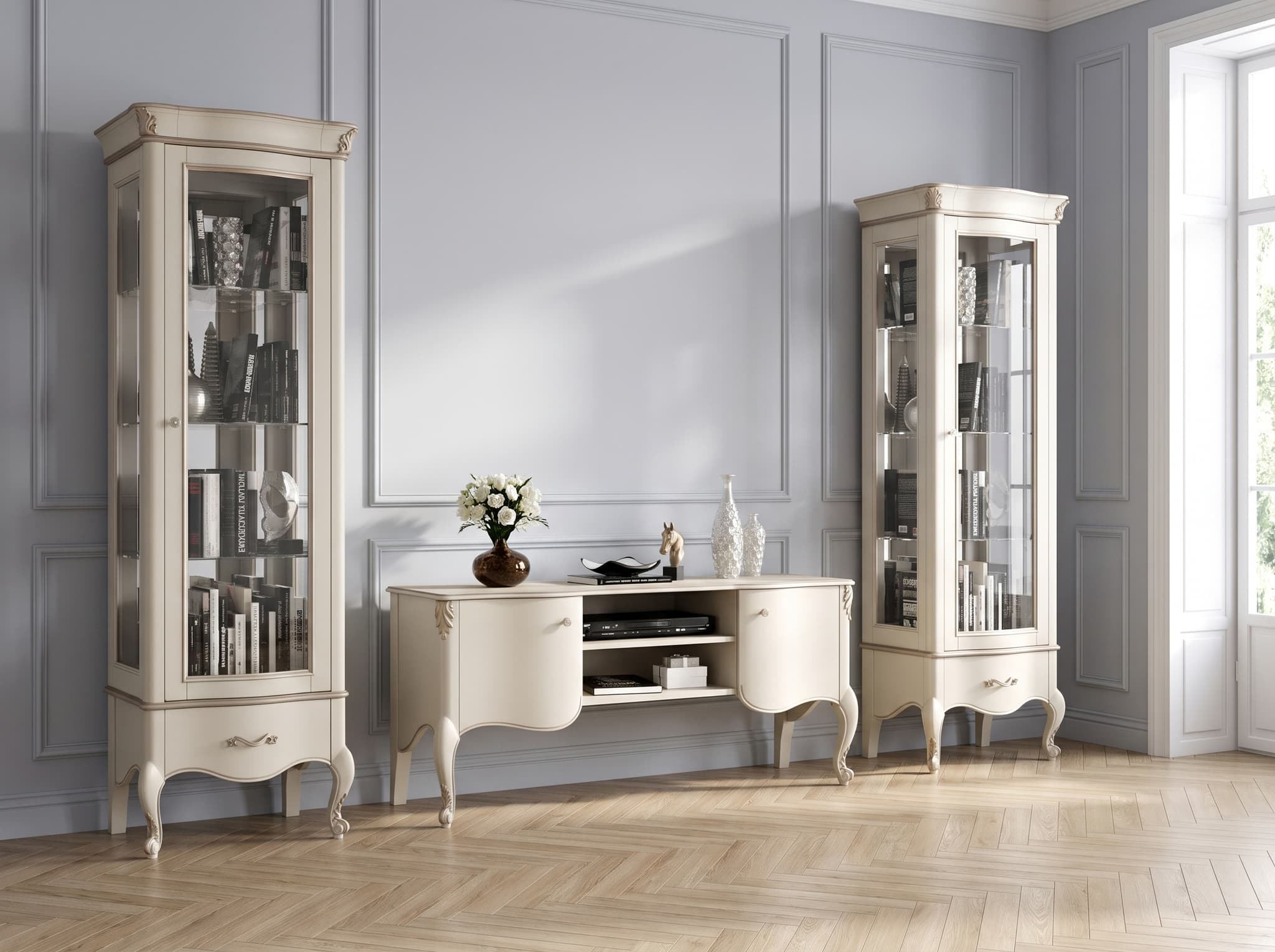Set Living Celisea Ivoire — două vitrine și comodă TV, crem cu accente șampanie