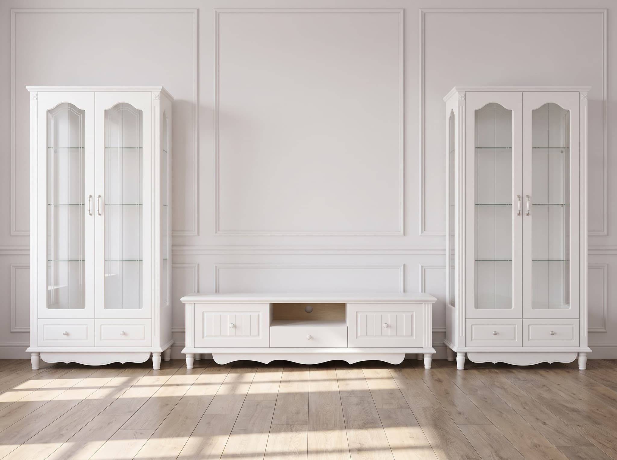 Set Living Elizabeth II — două vitrine și comodă TV, alb provensal