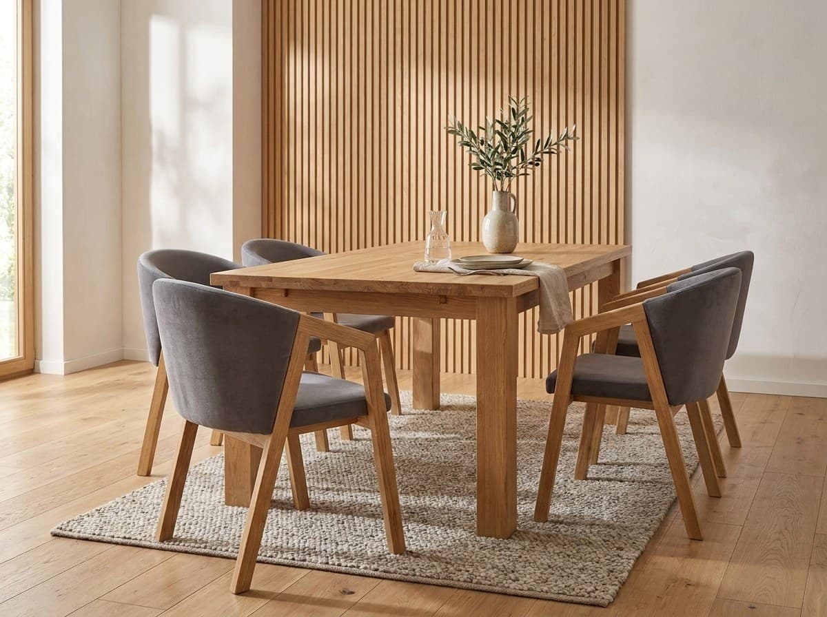 Set Dining Marta și Bruno, Masă Extensibilă din Stejar Masiv și Scaune cu Brațe