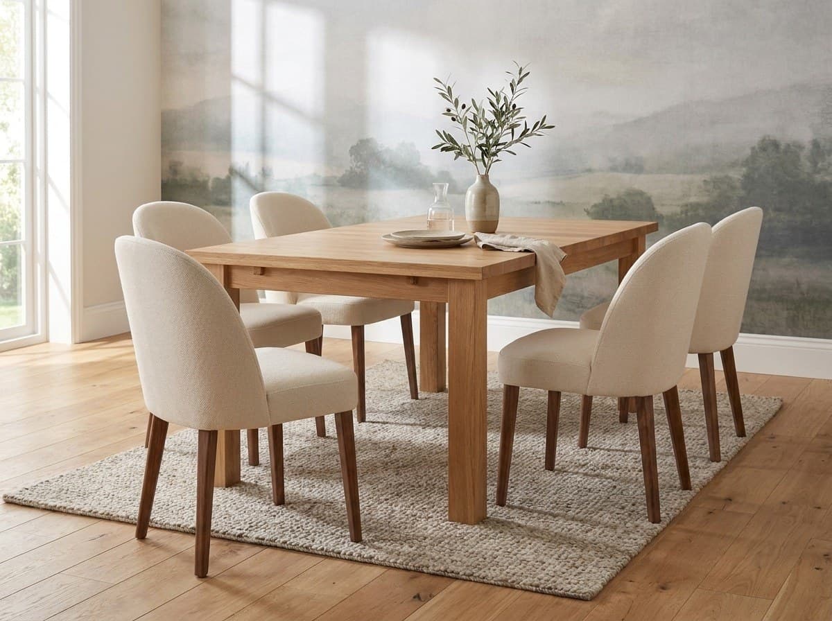 Set Dining Paola și Aldo, Masă Extensibilă din Stejar Masiv și Scaune Tapițate