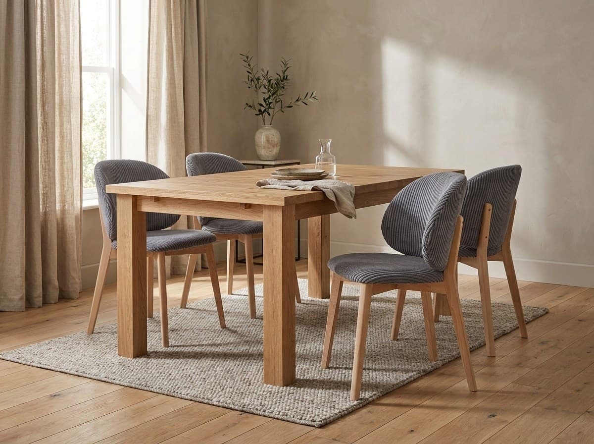 Set Dining Paola și Nagy, Masă Extensibilă din Stejar Masiv și Scaune Tapițate Gri